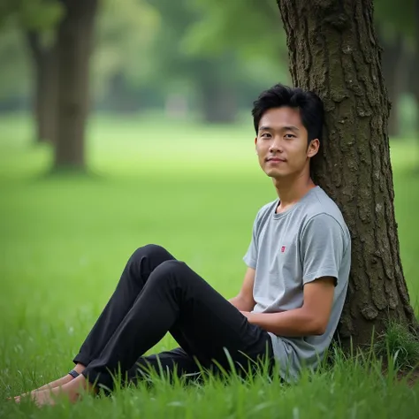  A young man with neat black short hair ,  is sitting on the grass while leaning against a small tree, Indonesian people, 8k UHD, detailed photo, natural face ,  place detail ,  perfect graphic ,  photo facing the camera