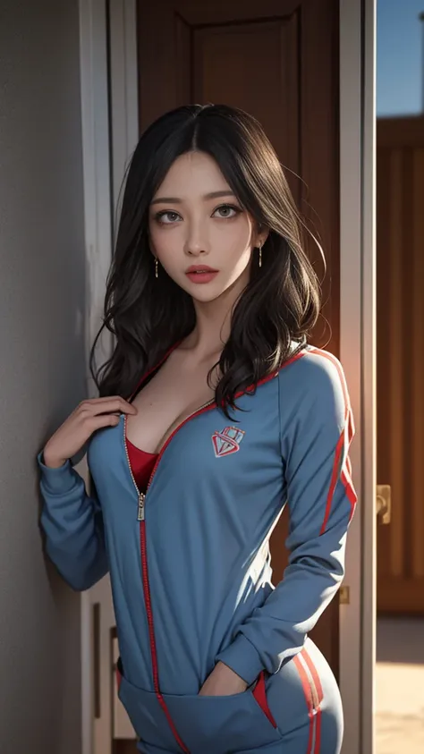  the mixed atmosphere of sunrise and dawn, In front of the apartment building entrance、In front of the door、The horny older sister who visited 

,skinny track suit,(Thin type:1.5),(large breasts),(random hairstyle),(Highest image quality,(8k), ultra-realis...