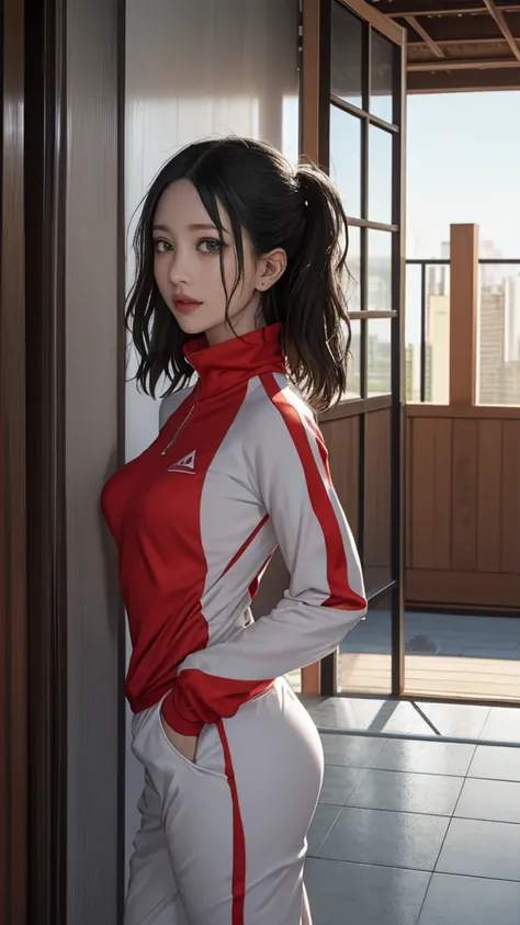  the mixed atmosphere of sunrise and dawn, In front of the apartment building entrance、In front of the door、The horny older sister who visited 

,skinny track suit,(Thin type:1.5),(large breasts),(random hairstyle),(Highest image quality,(8k), ultra-realis...