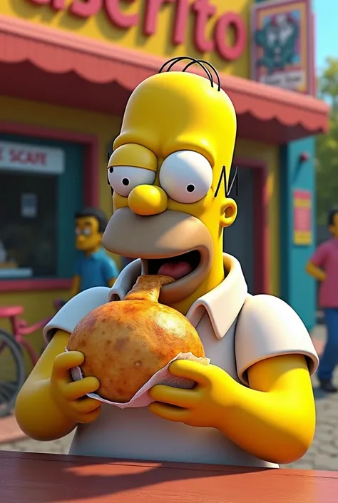 Homer Simpson, eating an empanada , In a place that says CASERITO 