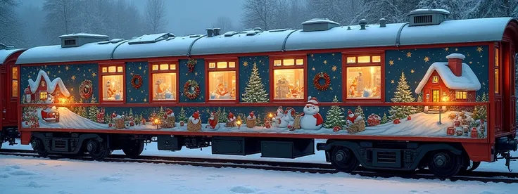 The sides of the train are decorated with fun and cute illustrations of Christmas scenery, ultra detailed, absolutely resolution, masterpiece