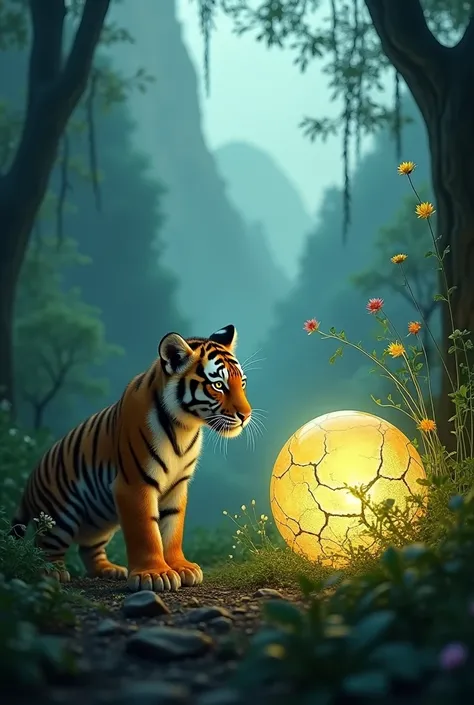  Vertical image depicting a dense green forest with many trees with rain-colored mountains on a huge tree fill  ,with overcast sky ,. In the foreground,  a baby tiger looks curiously gazing at a flaming green crystal ball that exudes a green aura of nature...