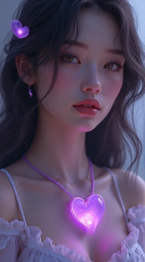  She is wearing a purple heart-shaped necklace