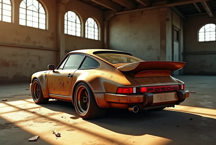 A weathered, dirty Porsche 911 GT3 RS race car, predominantly brown and tan with hints of red racing decals, sits in the center of a dimly lit, grunge-style garage. The car is slightly angled to the left, facing the viewer.  The garage is a large, industri...