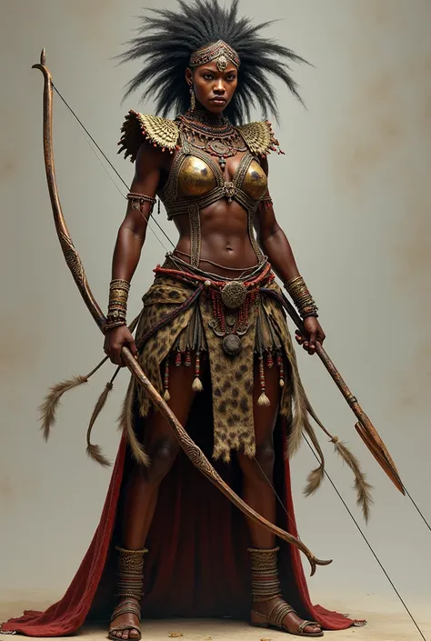  Make a portrait of Queen Njinga Mbandi in Angolan costumes and animal skins in attack position, pointing an arrow and a bow at the spectator .