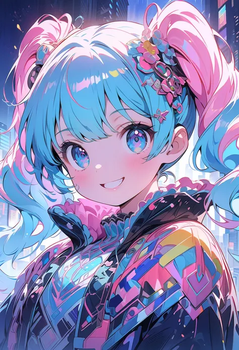 ( top quality,4K,8k, high definition ,masterpiece:1.2), very detailed bust, bright colors , beautiful details, beautiful lip details ,  cute girl with long turquoise twin tails, Stylized Cell Shading , dynamic pose,Neon cityscape background ,Singing on the...