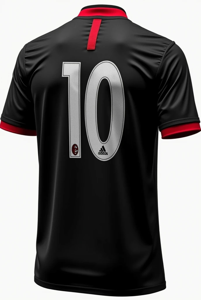 Milan  ,  t-shirt with the back , plain black color without details , Red neck,  black sleeve detail with a red line  ,  on the back the number 10 in white with details in small letters that say Rossonera family , That the shirt is alone , without people, ...