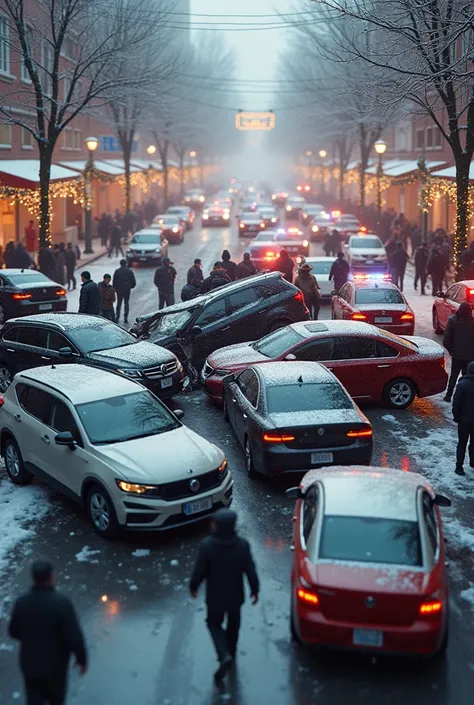 Collision of several cars in traffic at Christmas

