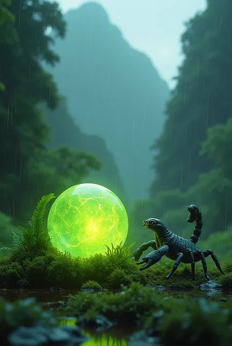  Vertical image depicting a dense green forest with many trees with rain-colored mountains on a huge tree fill  ,with overcast sky ,. In the foreground,  a baby scorpion looks curiously gazing at a flaming green crystal ball that exudes a green aura of nat...