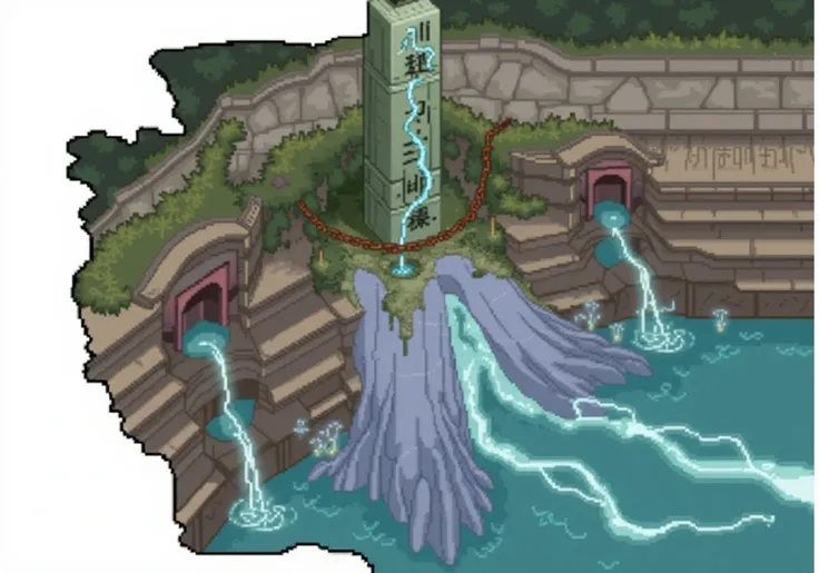 Isometric，Top view， a giant stone pillar in the center of the Tongtian River ， runes in the runes Traces of lightning ，The eaves are broken ， Dragon King The temple is a small temple that has been in disrepair for a long time 。 and ancient runes are engrav...