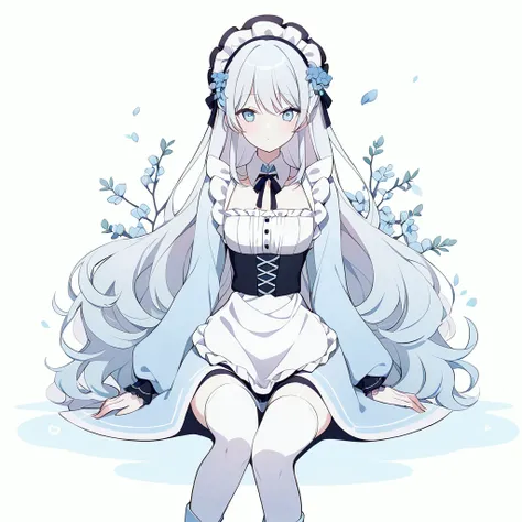 slender, mature female, 1girl, sitting,  light pastel blue and white, layered style, resembling a maid costume.  White long socks or stockings, and light-colored high boots are also part of the outfit. Her expression is calm and slightly serene. The backgr...