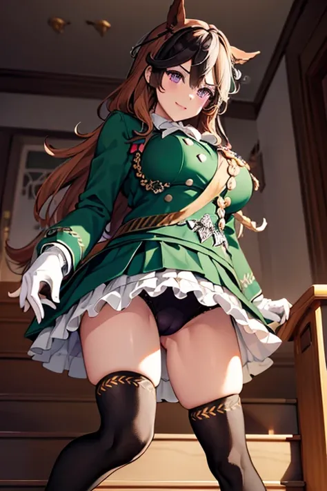 symboli rudolf,One person、girl、Horse tail、purple eyes、best quality,large breasts,Green coat, green military jacket,  green skirt, red cloak,White gloves, black tights,golden epaulettes ,Medals, gem,Button closure, full body,seductive smile,Perfect hands、(s...