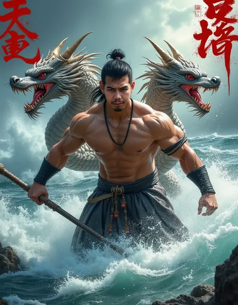 A muscular, shirtless Asian man with dark hair holding a spear stands bravely amidst rough waves and has two dragons in his back. The dragon is silver and red, and its scales are detailed and terrifying. The scene is vivid, with splashes and stunning light...