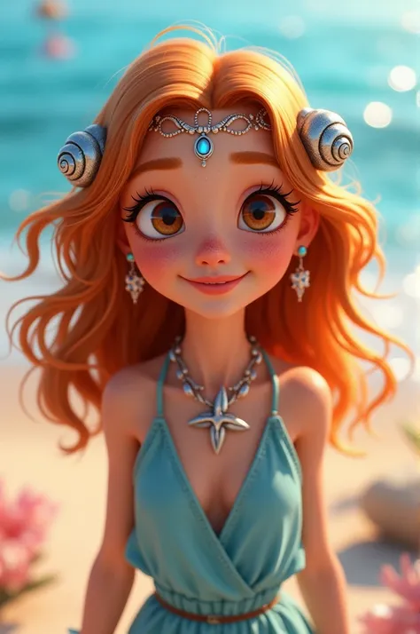 You can make a Disney Pixar style image of a saffron brunette with hair a little below her shoulders with silver beach accessories like snails and starfish, dressed in sky blue