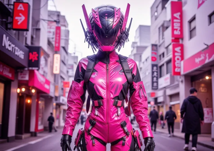 Full body Cyber pink woman with tecnologic suit, black and pink closed face helmet, mechanical details, pink leds. Tokyo modern pink Avenue 