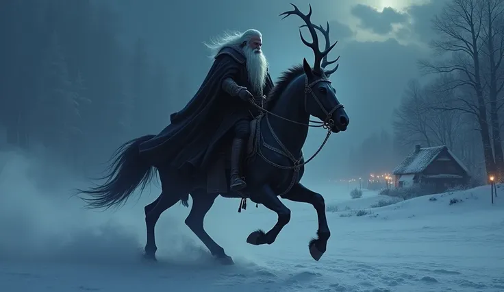 A shadowy image of Odin during the Norse festival of Yule. Odin, with a long white beard, wearing a heavy cloak of black fur and riding his eight-legged horse, sleipnir. The horse gallops through the snow-covered night sky. 