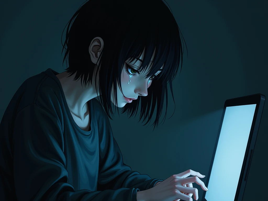 demotivated person ,  main characteristics sad and disoriented,  main colors night blue and black , Crying person looking at the screen 