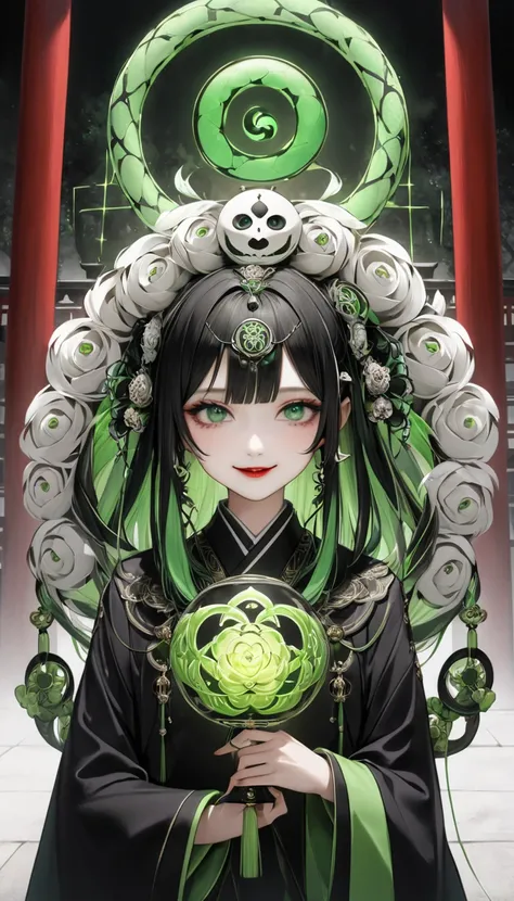  she is a magician who manipulates foreign laws 。 long hair center split 。 silverwork in the shape of a chrysanthemum flower and snake 。 hair long enough to reach the ground 。 eyes like a snake 。 a beautiful girl with a long, cool, dark green eyes 。 beauti...