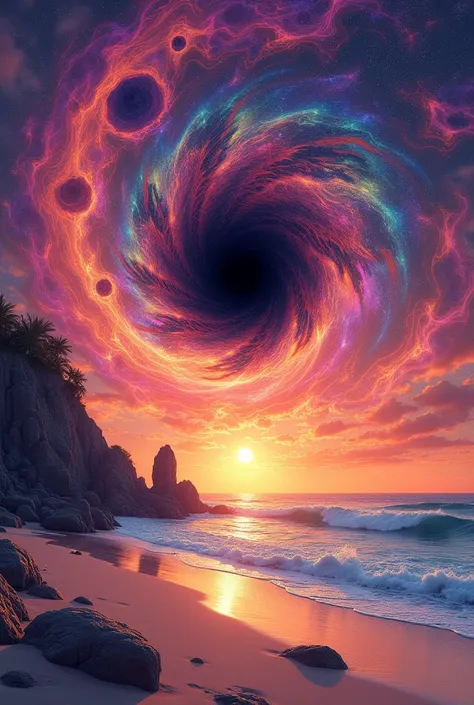 Psychedelic sunset on the beach with a sky full of fractals in the shape of a black hole