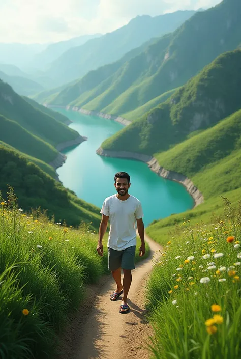 cover.a downhill road leading to the lake on a green hill and a handsome young Indonesian man in a white t-shirt, colored sandals, flip flops.Clearly visible his handsome face smiling thinly is walking.. alam Nusantara yg indah 