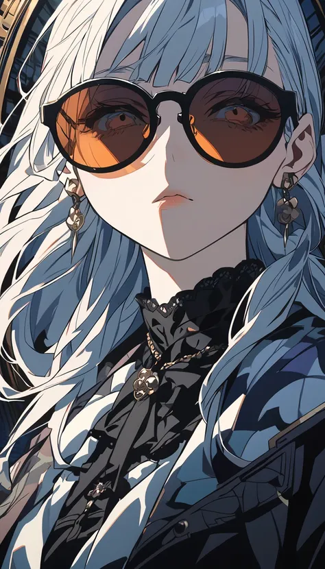 Closeup of a person wearing sunglasses and a jacket, artwork in the style of Gwaiz,  anime atmosphere ,  anime style . 8k,  anime art style,  anime style  4 k,   old anime goth lolita girl , Gwaiz,  anime style  portrait,  anime style d, in  anime style , ...