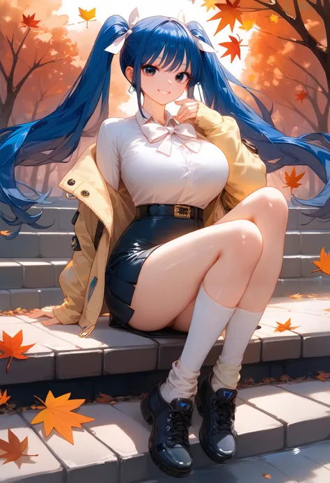 (masterpiece, perfect face, perfect eye, 2k resolution, 1girl), Navy blue hair, twintail, white ribbon, black short skirt, yellow cardigan, black eyes, long eyelashes, big breast, long legs, smiling, autumn, long socks, black casual shoes, perfect eyes, pe...