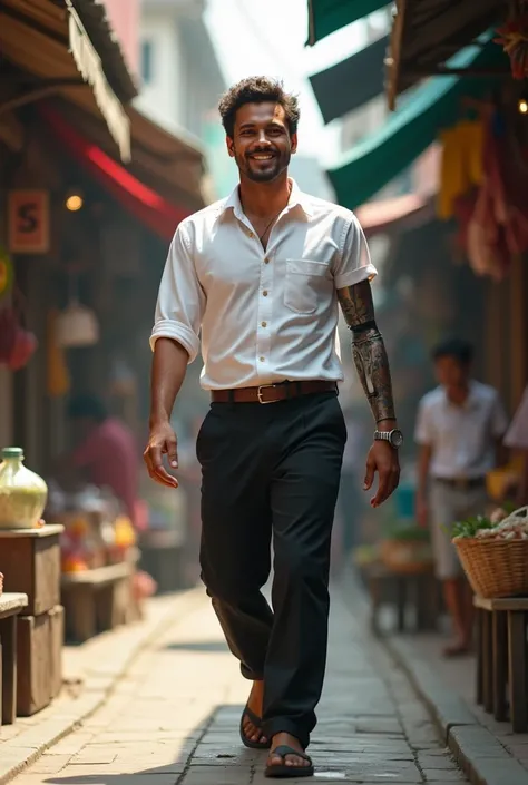 a man aged 25 with slightly curly hair parted in the middle, without both arms which have been amputated. Wearing a white shirt with black trousers, walking with a smile in an Indonesian traditional market alley