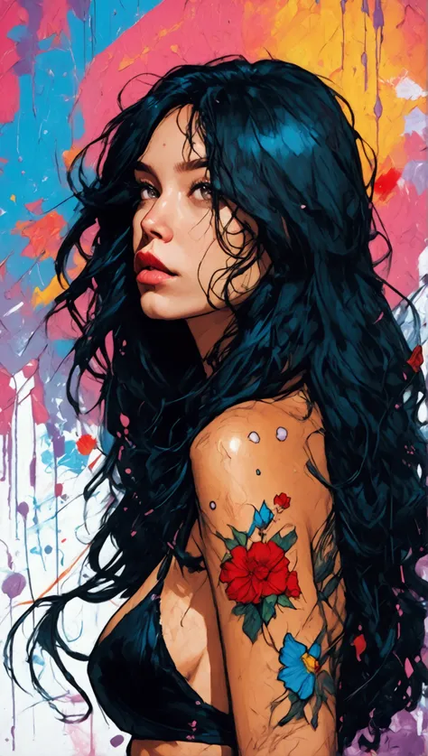 ::jason fabok and yoji shinkawa style ::2.0 comix illustration style,tatoon style , comic book style ,beautiful woman with long hair ultra detailed com t-shirt, (beautiful and clear background:1.2),, fantastic paintings ,graffit style, flowers, olhos altam...