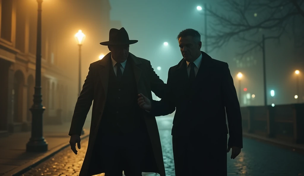 In the cold night of new York, in a foggy weather, lamp lights in the street,A close-up of the plainclothes police officer  the well-dressed  man 

The plainclothes officer leads the man down the street, their silhouettes fading into the fog. The streetlam...