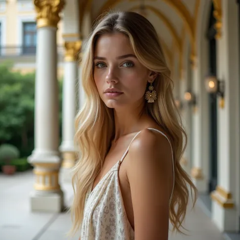 The image is a high-resolution portrait of a young woman with fair skin and long, wavy blonde hair. She is standing outdoors in front of a gorgeous architectural backdrop with gold accents and columns. She has added matching earrings. Her expression is sad...