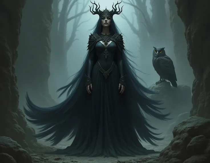 Erishkigal sumerian goddess of the underworld, she is wearing a flowy black dress, she has a thorny onyx crown,her feet are talons,there is a owl in the background 