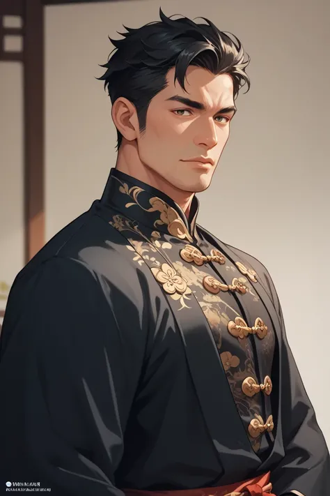 The man wore a black Chinese costume. Long black hair. mature demeanor