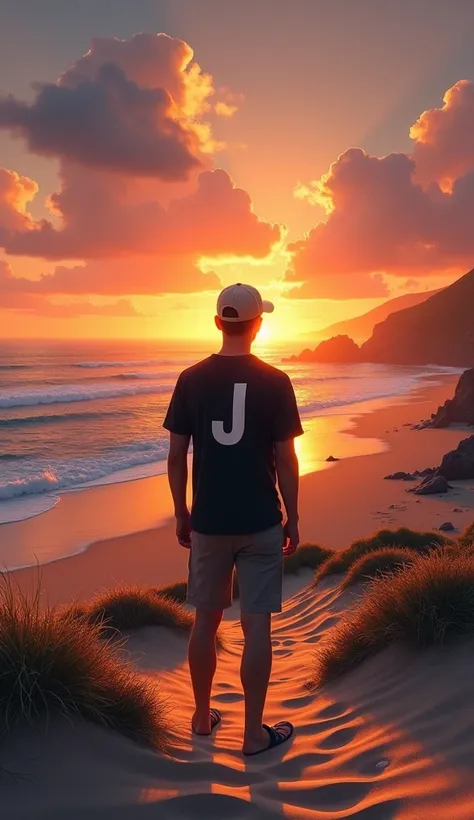 a man in a cap,  with the black shirt with the letter J behind his shirt,  he is looking at a sunset , On top of a sand dune ,  further on a beautiful beach , very realistic image 