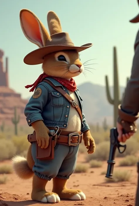 A rabbit standing and wearing a Wild West outfit with a pistol pointed a gunman