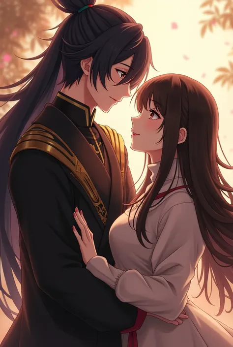 Make Zhongli (a character from genshin impact), taking a cute couple photo with a long dark brown haired girl, who has dark brown eyes, and fair skinned.