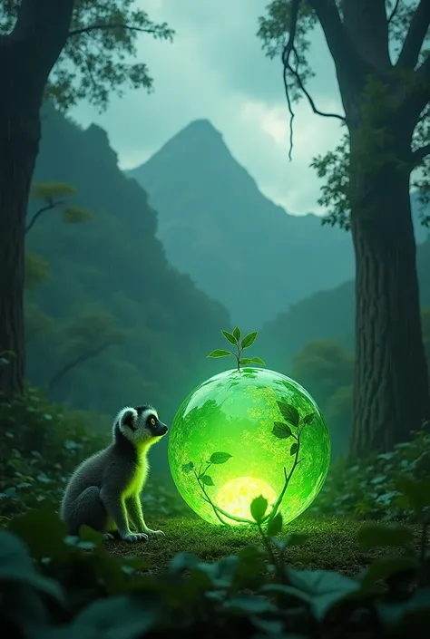  Vertical image depicting a dense green forest with many trees with rain-colored mountains on a huge tree fill  ,with overcast sky ,. In the foreground,  a curious looking baby lemur gazing at a flaming green crystal ball that exudes a green aura of nature...