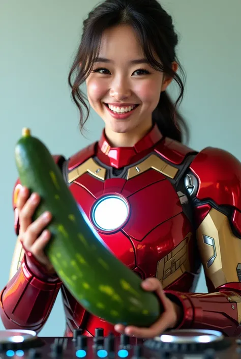 Beauty asian woman 20 years old wearing ironman costume right hand holding a large cucumber and left hand holding DJ music is in front of the woman, smile to camera