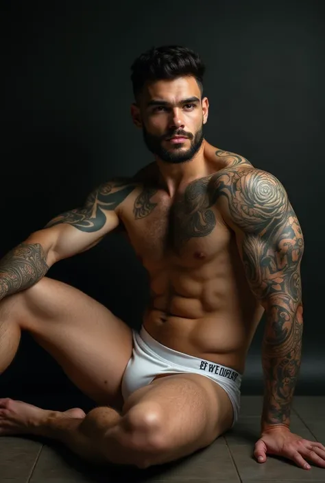 In the picture, el hombre joven, latino, , hairy and muscular, he presents himself in a relaxed posture ,  sitting on the floor with his legs spread . He is shirtless , , which allows us to see his sturdy arms and chest ,  which are richly adorned with int...