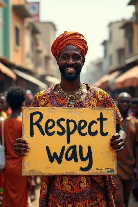 Un comédien sénégalais qui tient un panneau où écrit respect way 