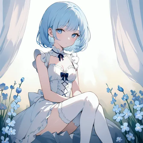 slender, mature female, 1girl, with pale skin and shoulder-length, light blue hair styled in a bob, wearing a light blue and white maid dress featuring a ruffled bodice, a cinched waist, and a short, flared skirt with lace trim, sits amidst a field of ligh...