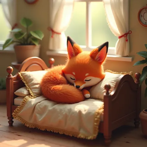 Tiny Red Wolf: sleeping in a cute little bed, details, sunshine, cute, 