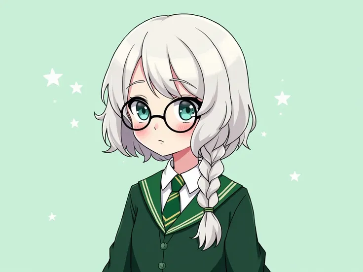 , one Slytherin House schoolgirl  , White hair, Light blue eyes, Wearing ,  wears a Harry Porter-themed Slytherin House schoolgirl dress 
The Harry Potter theme of the Slitherin House, Stare,  simple background, Single braid,  cartoon frameless eyeglasses ...