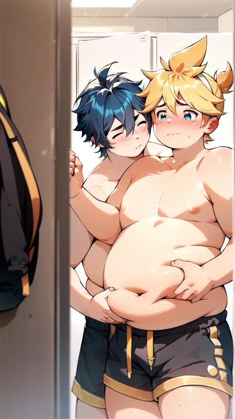  2boys, (yaoi couple), (male ren), (duo focus), fat, standing in the changing room, rubbing each others belly, facing another, Break, Kagamine Len, obese, cute, shirtless, chubby body, face blushed, embarrassed, Break, blue hair color, school uniform, roun...