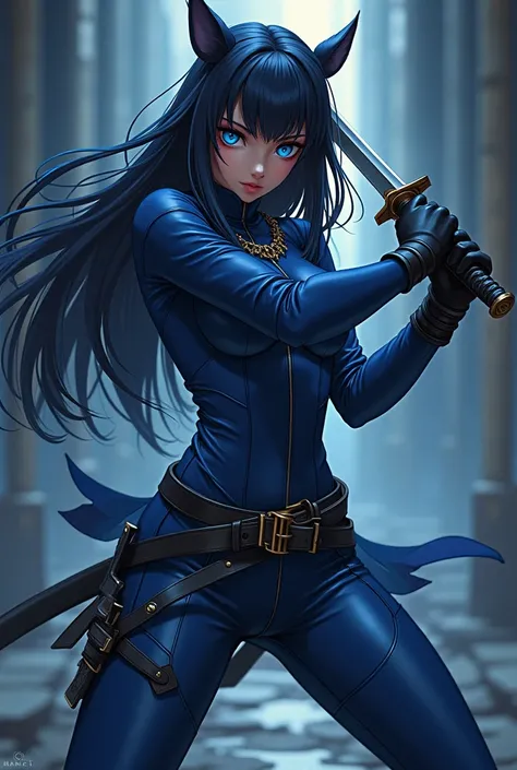   woman with long hair, blue leather clothing ,  ojos azules, Ahori negro   ,   with Katana,    anime style 