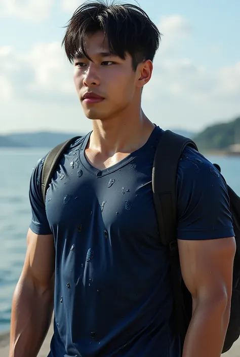 ((Korean man wearing navy sports shirt, short sleeves, wet water, wet sweat)) , (((Big arm muscles,  tight breasts ,  Muscle Bundle, ))), (((Black backpack next to it))), (((Men with short hair))), (((, big muscles, big torso))), (((Seductive fit body ))),...