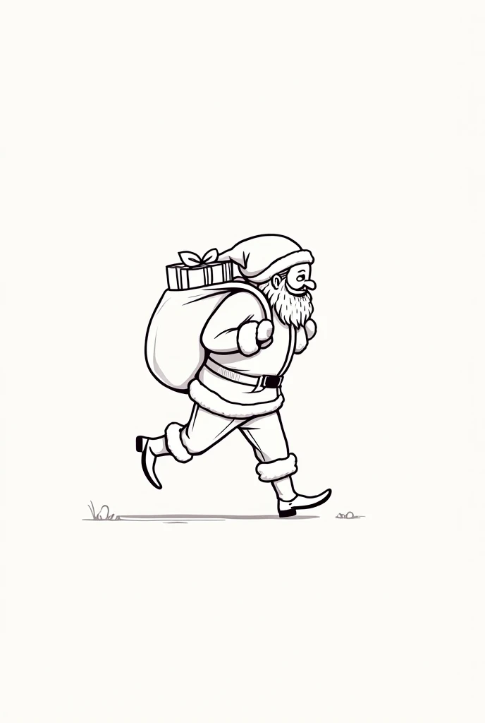 "Santa Claus with a bag of gifts, drawn in line art."