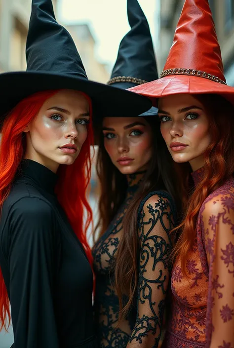  Picture of four fashion witches 
Una wera red hair 
Another bald and light brown
Another clear brunette , reddish molasses / orange 
The other  , ojos grandes, Chat ,  wavy hair 
All fit y  