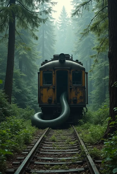 Imagine a massive ancient serpent slithering out of a wrecked and rusted old train, its enormous body twisting and coiling as it emerges from the trains broken windows. The scene is set on an overgrown railway track in the middle of a dense, untamed forest...