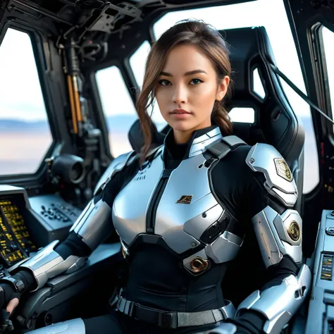 Highly detailed photo of a Women, SF soldier, 30yo, (Mech warrior of women mercenary, (body armor)), sitting like a queen, Stately and dignified, Very dissatisfied look, (headset, Powerful and beautiful eyes, (female bodybuilders body), 8K Ultra HD, Origin...