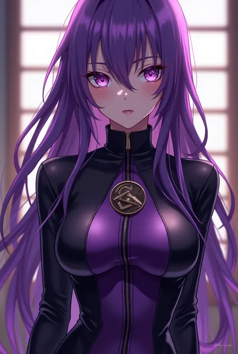 Long haired woman lilac , purple eyes,  purple leather clothing with black,  anime style Naruto  